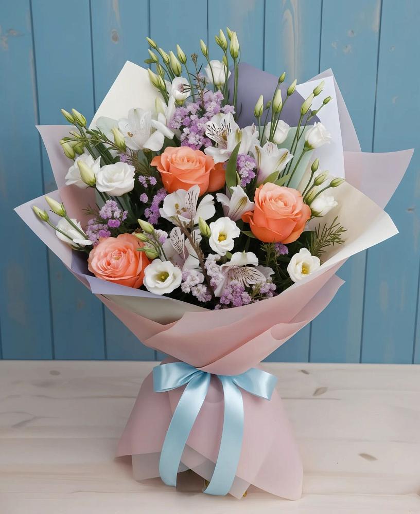 Букет цветов из: Лизиантусы, Розы, Альстромерии и Гипсофила в Галиче